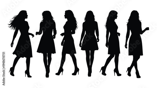 Silhouette of six women walking in a line, wearing dresses and high heels, isolated on white background, representing friendship, unity, and female empowerment