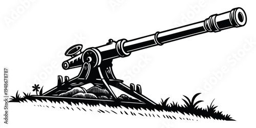 a large cannon sitting on a grassy hill Vector