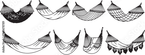 A collection of various hammock designs and styles in a simple line drawing Vector