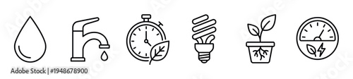 Comprehensive set of line art icons representing sustainability, environmental conservation, and ecological practices, including water, energy, time, and plant growth.