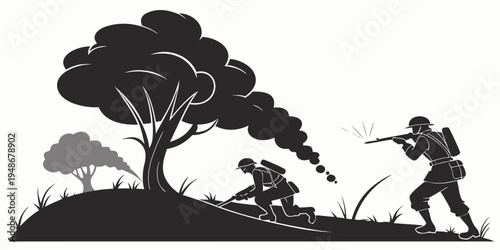 soldiers in combat with smoke rising from a tree Vector
