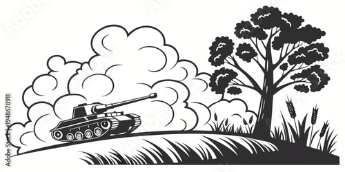 a tank firing a cannon on a grassy hill Vector