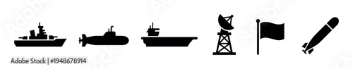 Collection of black silhouette icons representing various military and naval assets, including ships, submarines, radar, and a missile.