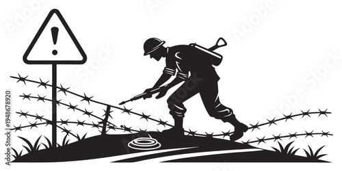 soldier cutting barbed wire under warning sign Vector