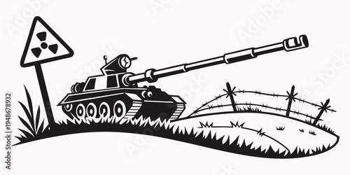 a tank sitting on top of a hill next to a warning sign Vector