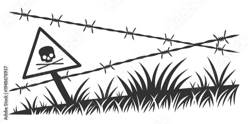 a warning sign with a skull on a grassy area with barbed wire Vector