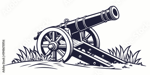 A black and white illustration of a cannon on a field Vector