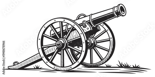 a large old cannon with wheels on a flat surface Vector