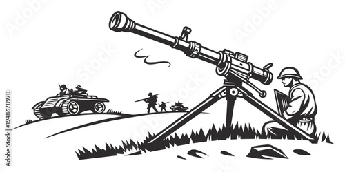 soldier operating a mortar with a tank in the background Vector