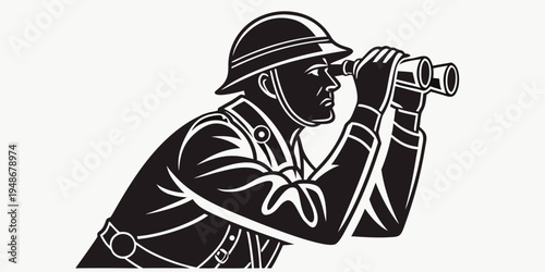 a man in a hat looking through binoculars Vector