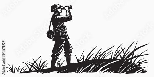 man in a hat looking through binoculars Vector