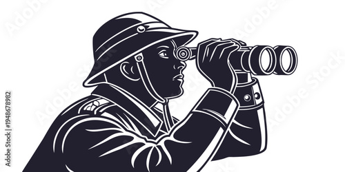 a man in a safari hat looking through binoculars Vector