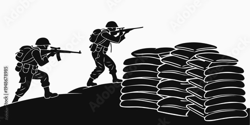 soldiers in combat stance next to a stack of sandbags Vector