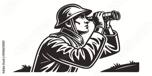 soldier looking through binoculars in a combat position Vector