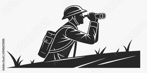 a soldier is looking through binoculars on the ground Vector