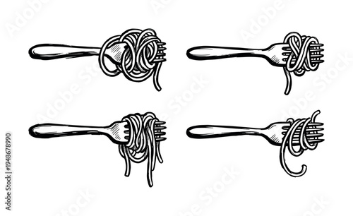 Forks with spaghetti noodles wrapped around them in a hand-drawn sketch style, illustrating a classic Italian pasta dish.