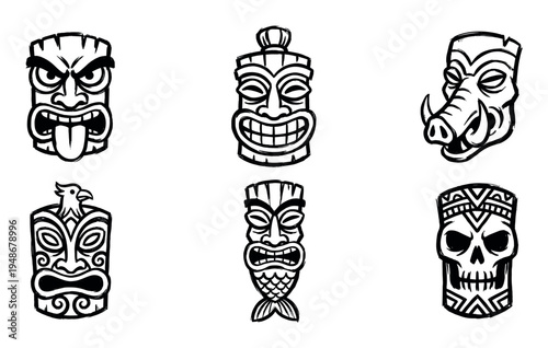 Collection of traditional Polynesian Tiki masks and totems in a hand-drawn sketch style, representing ancient cultural art.
