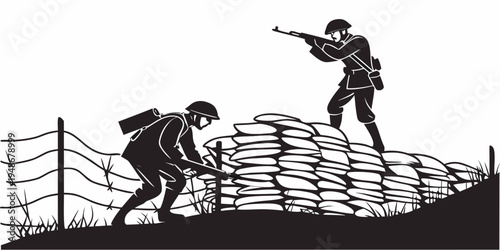 soldiers in combat position behind sandbags Vector