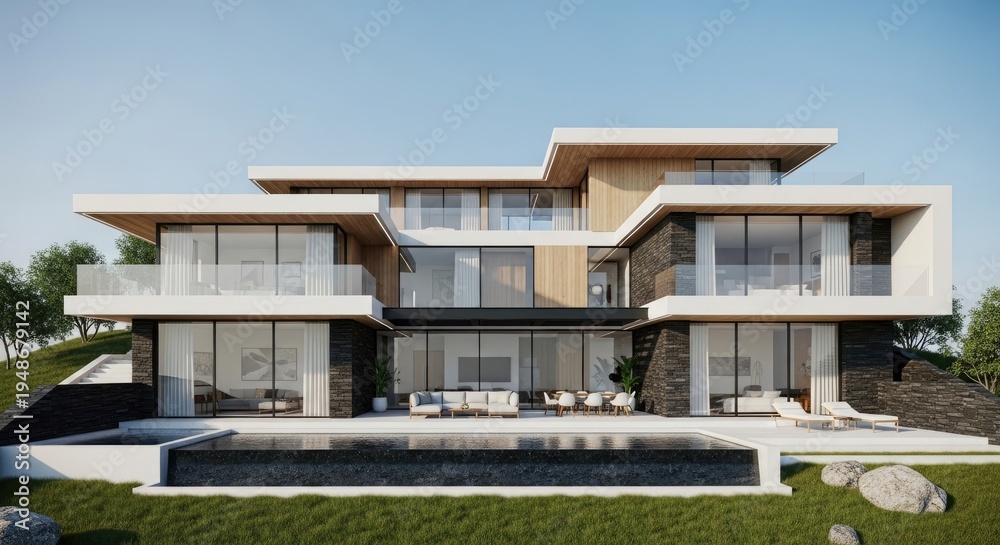 Fototapeta premium A modern, luxurious house sits on a grassy hillside overlooking a swimming pool. The house features expansive glass windows, a dark stone facade, and a sleek, minimalist design.