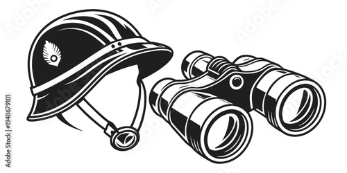 a helmet and a pair of binoculars Vector