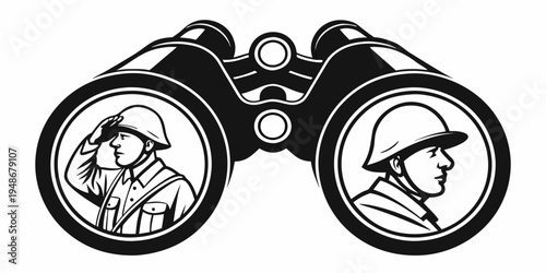a pair of binoculars with two soldiers looking in different directions Vector
