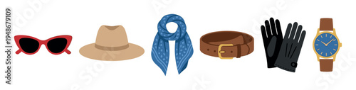 Collection of stylish fashion accessories including red sunglasses, a beige fedora hat, a blue patterned scarf, a brown leather belt, black gloves, and a classic wristwatch.