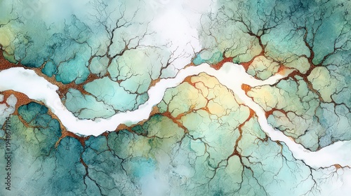 Abstract Geode Texture Background With Teal Blue Green And Gold Accents And White Cracked Center Detailed Macro Photography Of Natural Stone Pattern With Intricate Veins And Mineral Formations