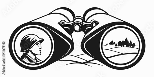 a man looking through binoculars at a landscape Vector
