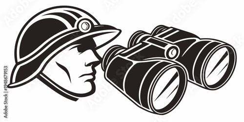 a man wearing a hard hat looks through binoculars Vector