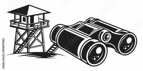 a watchtower and a pair of binoculars on a white background Vector