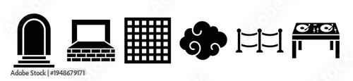 Set of black silhouette icons depicting an archway, a fireplace, a window, a decorative cloud, a rope barrier, and a DJ turntable setup.