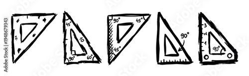 Set of hand-drawn geometric set squares with various angles and rulers, illustrating mathematical and architectural concepts.