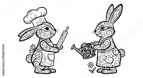 Set of 2 decorative rabbits vector, chef and gardener