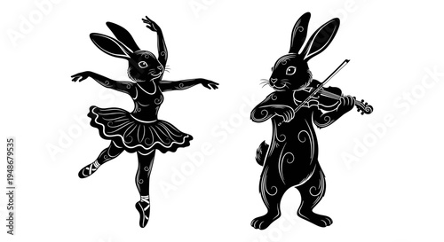 Set of 2 rabbit character icons vector, ballet dancer and violinist