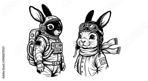 Vector illustration of 2 astronaut rabbits in space suits