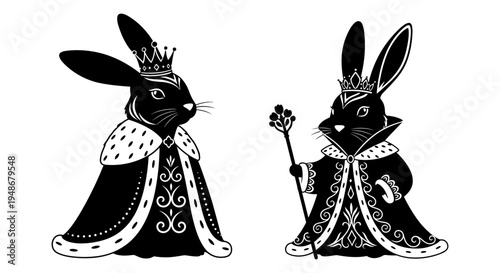 Set of 2 royal rabbit king and queen vector illustrations