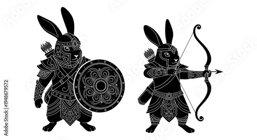 Set of 2 warrior rabbit illustrations vector