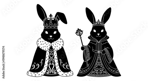 Set of 2 royal rabbit king and queen vector illustrations