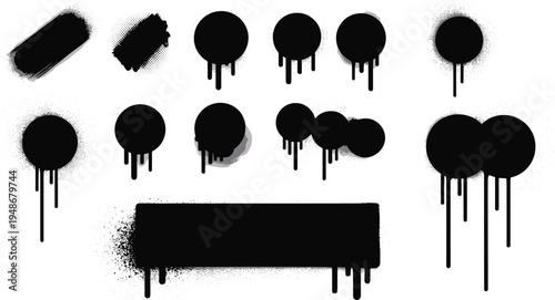 Collection of black paint drips and splatters in various shapes including circles, ovals, and rectangles for graphic designCollection of black paint drips and splatters in various shapes including cir