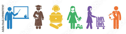 Colorful stick figures representing a diverse group of education professionals and learning-related careers in various roles.