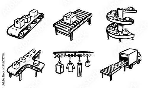 Hand-drawn black and white illustrations depicting various industrial conveyor belt systems and logistics operations for material handling.