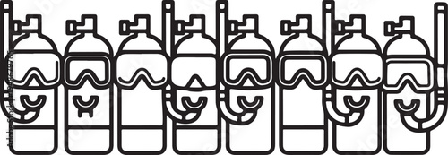 Scuba tanks with regulators and snorkels lined up in a row Vector