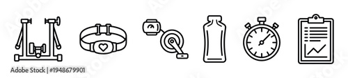 Collection of fitness and cycling equipment icons including a bike trainer, heart rate monitor, power meter, water bottle, stopwatch, and workout plan.