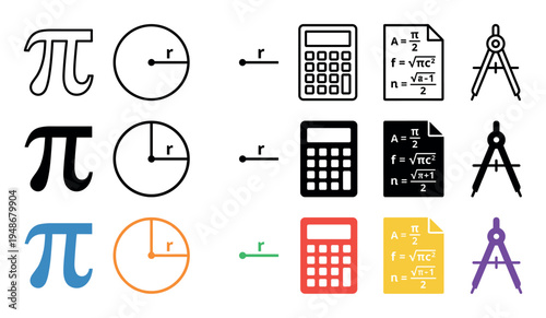 Collection of mathematics icons featuring the Pi symbol, a circle with radius, a calculator, a formula sheet, and a geometry compass.