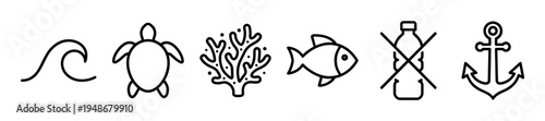 Collection of simple line icons representing ocean conservation, marine life, and environmental protection concepts.