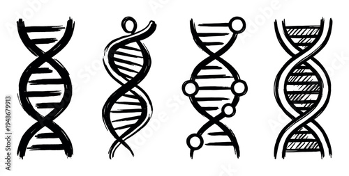 Artistic brushstroke DNA double helix structures represent genetics, biology, and scientific discovery in a unique style.