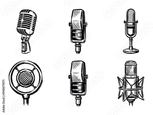Collection of hand-drawn vintage microphones in various retro styles, perfect for music, podcasting, and broadcasting themes.