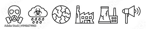 Outline icons depicting environmental disaster, pollution, and warning signs of global catastrophe and industrial damage.