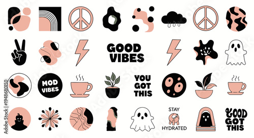 Positive Vibes Icons, Good Vibes Stickers, 25 Peaceful Symbols, Vector Graphics