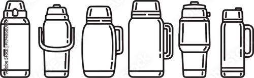 Assorted thermoses and insulated bottles for various beverages and food items Vector